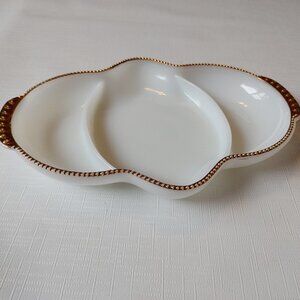 Vintage Milk Glass Condiment Tray Oven Safe Gold